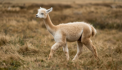 Fototapeta premium Alpaca walking across field with soft wind moving its fur, serene natural scene