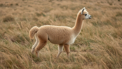 Fototapeta premium Young alpaca walking across golden grass field with soft wind ruffling fleece