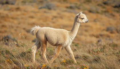 Fototapeta premium Alpaca walking field soft fur breeze serene young alpaca in grassy plain, gentle expression