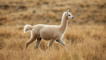 Fototapeta premium Alpaca walking across field with soft wind moving fur, serene pastoral scene