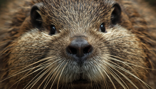 Close up beaver face whiskers brown fur wet nose curious expression