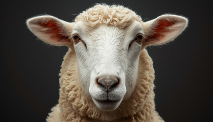 Obraz premium Soft white sheep face with curly wool and calm expression