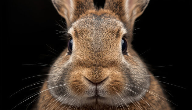 Soft brown rabbit face close up with detailed fur and bright eyes, gentle expression