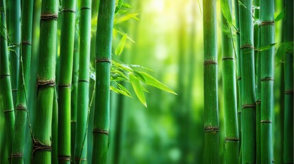 Obraz premium Vibrant green bamboo stalks densely clustered in a lush forest with soft sunlight filtering through the leaves