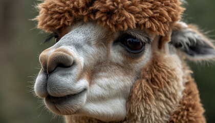 Fototapeta premium Fluffy brown alpaca close up portrait with detailed facial texture and soft expression