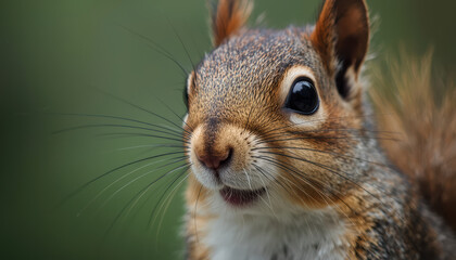 Obraz premium Cute red squirrel close up portrait with whiskers and expressive eye, natural wildlife charm