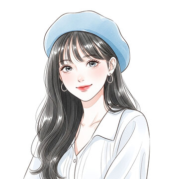 水彩イラスト｜ベレー帽・青・ロングヘア女性