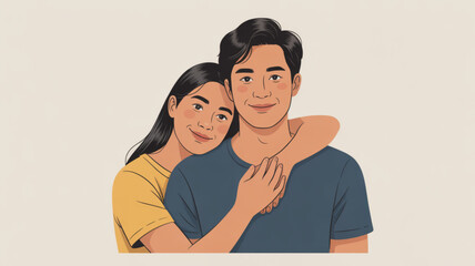 Fototapeta premium Tender couple embracing woman hugging man from behind smiling together in love and affection on beige background