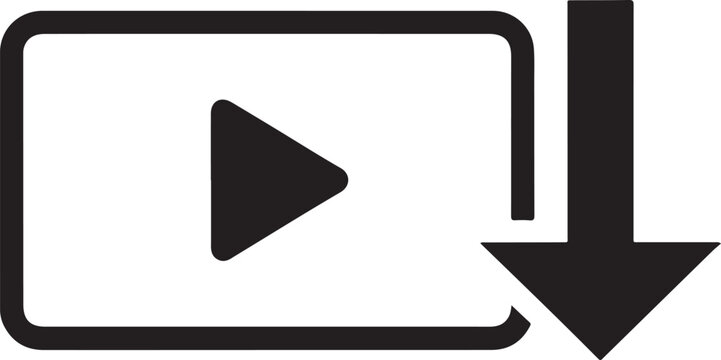 play button icon with download arrow indicating streaming content and digital media download on transparent background