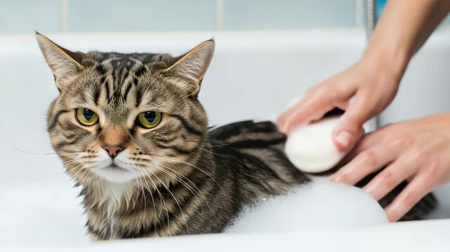 Tabby Feline Is Getting Washed With Soap In Bathtub By Hand Bubbles Floating In The Water The Background Features Light-blue Tiles Showcasing The Cats Grooming Care Usage Is For Anim