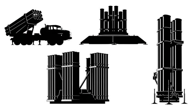 Vector silhouettes of advanced military defense systems, including multiple rocket launchers and surface-to-air missile batteries for security designs