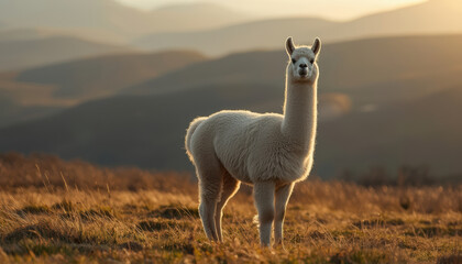 Fototapeta premium Fluffy alpaca standing in golden mountain meadow at sunset, serene warm light