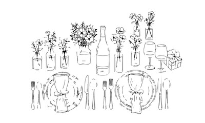 Fototapeta premium Table Setting Event Decoration Outline Icons