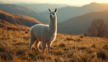 Fototapeta premium Fluffy alpaca standing in mountain meadow at golden hour, peaceful warm light