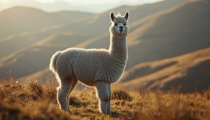 Fototapeta premium Fluffy alpaca standing in golden mountain meadow at sunset peaceful natural scene