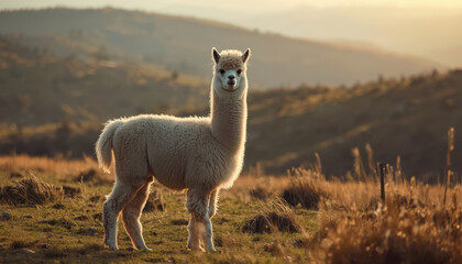 Fototapeta premium Fluffy white alpaca standing in golden mountain meadow at sunset, calm pastoral scene