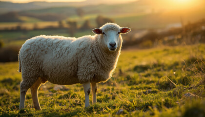 Obraz premium Fluffy sheep standing in green pasture under warm sunlight, serene countryside scene