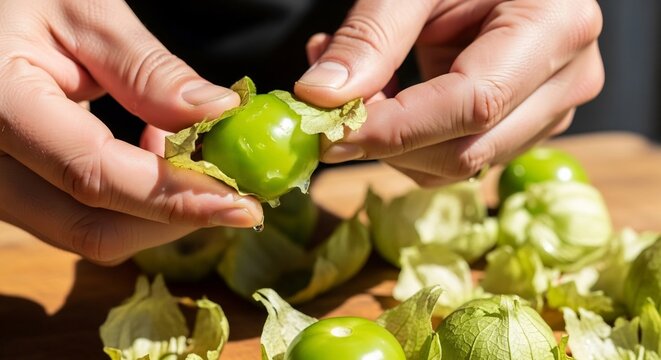 Hands peeling fresh green tomatillos for cooking salsa verde.