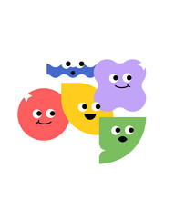 Fototapeta premium A grid of colorful, cartoonish shapes with faces are displayed against a white background. The shapes exhibit various emotions, including happiness, silliness, surprise, and sadness.