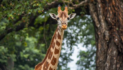Obraz premium Giraffe neck tree foliage savannah animal portrait