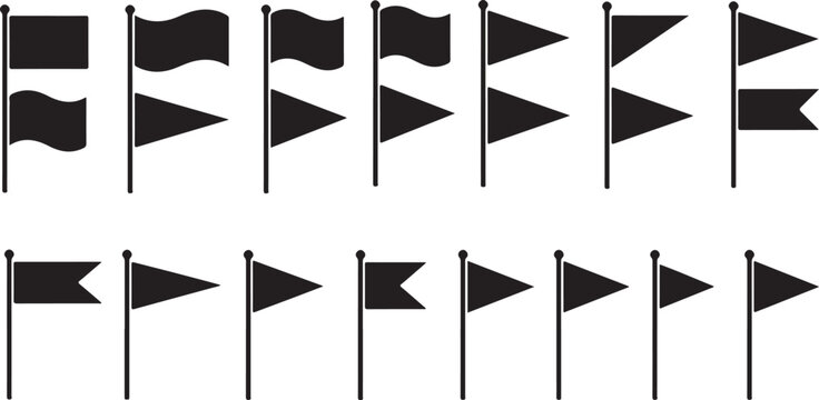 Set of flag icons in various shapes and forms, including rectangle, wavy, pennant, and swallowtail designs on transparent background