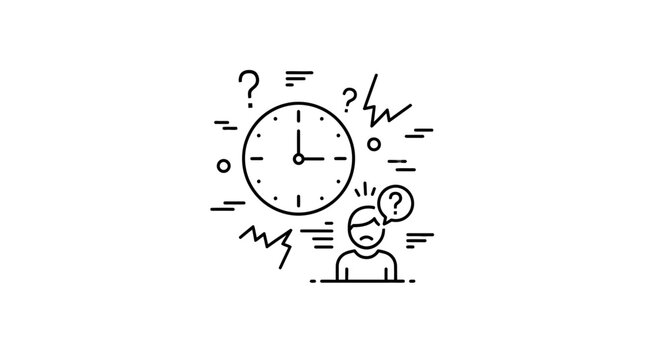 Stressful deadline, time pressure, anxiety, clock, question marks, confused person icon