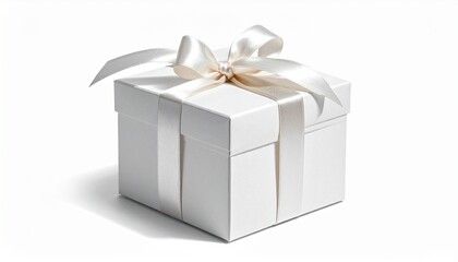 Obraz premium Elegant white gift box tied with a satin ribbon bow, symbolizing generosity and thoughtful presentation for special occasions and celebrations