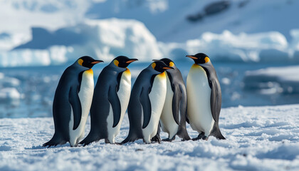 Obraz premium Emperor penguin group on icy shore penguin Antarctic snow ice colony winter ocean cold