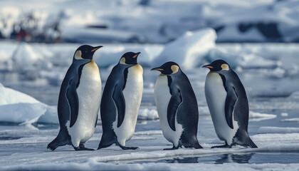 Obraz premium Emperor penguin group on icy Antarctic shore with serene cold light and distant ice