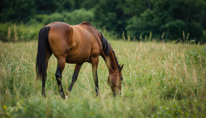 Obraz premium Brown horse grazing in tall grass peaceful rural meadow scene
