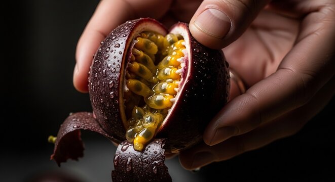 Close-up of a ripe passion fruit being opened by hands.