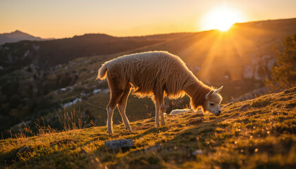 Fototapeta premium Golden llama grazing on hillside at sunset with warm sunlight