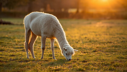 Fototapeta premium Gentle white llama grazing in golden hour meadow at sunset with warm backlight