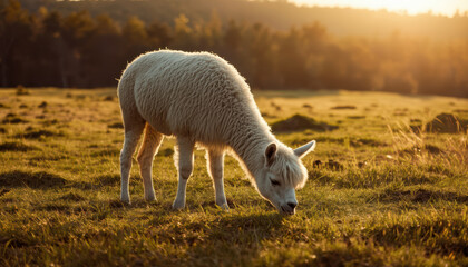 Fototapeta premium White alpaca grazing in sunlit meadow at golden hour with warm backlight