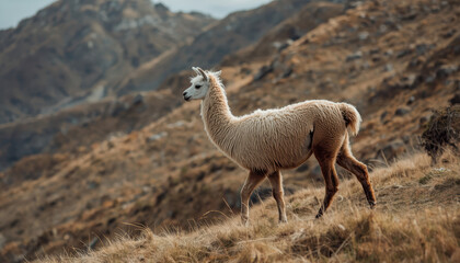 Fototapeta premium Alpaca grazing on hillside with windblown fur, serene mountain landscape