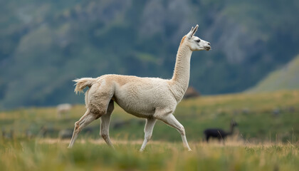 Fototapeta premium White llama walking across grassy pasture with distant mountains and soft light