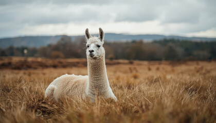 Fototapeta premium White llama resting in grassy field with moody sky and distant hills