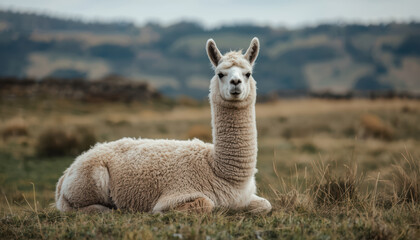 Fototapeta premium White alpaca resting in grassy field with calm landscape and soft overcast light