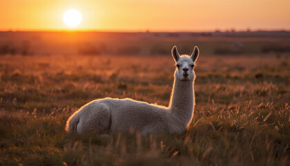 Fototapeta premium Golden sunset llama resting peacefully in open field with warm backlight