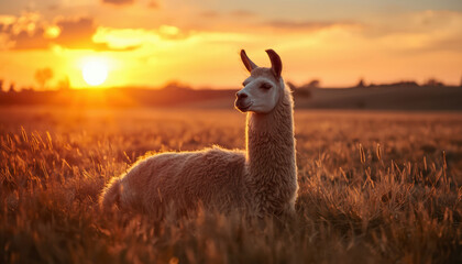 Fototapeta premium Llama resting peacefully in golden field during sunset with warm light