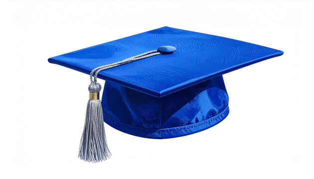Bright blue graduation cap with silver tassel and gold band detail on white