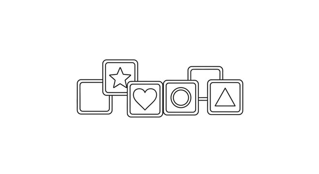 Set of outline geometric shapes in squares: star, heart, circle, triangle, on white background