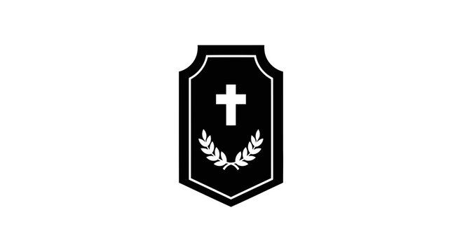 A black shield icon with a white cross and laurel wreath on a white background.