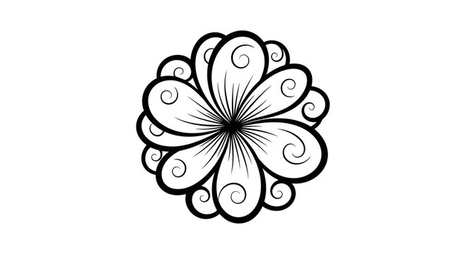 A simple black and white floral design with swirling patterns.