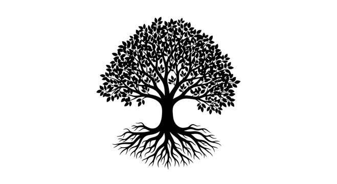 A simple black and white illustration of a tree with visible roots