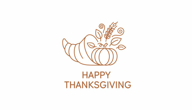 Happy Thanksgiving Cornucopia with Pumpkin and Wheat - Line Art Icon