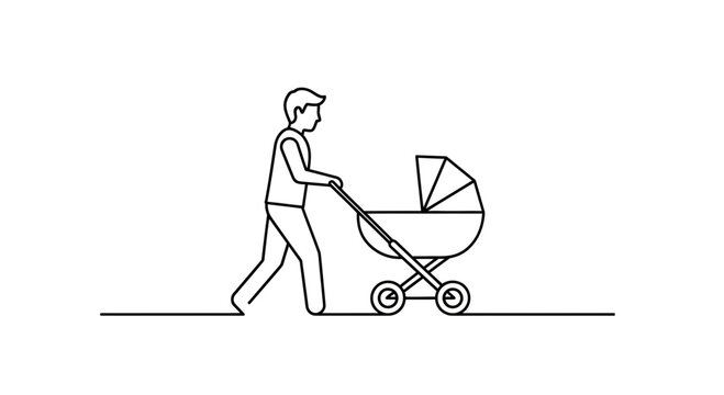 Father Pushing Baby Stroller - Minimalist Line Art Icon