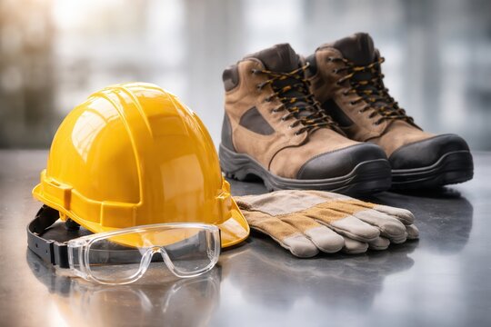 Safety gear essentials on reflective surface with protective helmet, gloves, and work boots