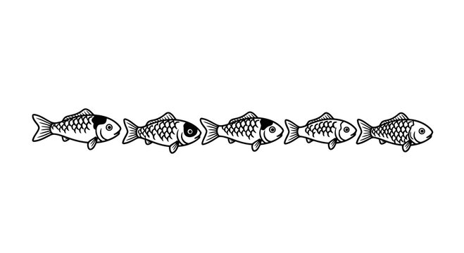 A simple black and white illustration of six fish in a row on a white background.