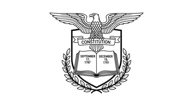 Official seal featuring an eagle and a shield with the word constitution on it.